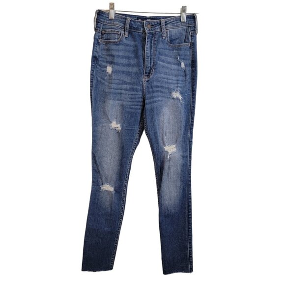 Hollister Distressed Jeans Size 5S/27 Stretch Medium Wash Denim Raw Hem Ultra Hi - Picture 1 of 10
